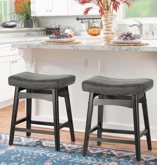 PHI VILLA Counter Height Bar Stools Set of 2 - Farmhouse Barstools with Upholstered Saddle Seat and Solid Wood Legs, Kitchen Counter Island Stools