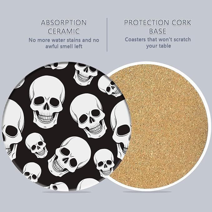 Coaster for Drinks Set of 6, Skeleton Skull Absorbing Round Ceramic Stone Coaster with Cork Base,Tabletop Protection Mat for Mugs and Cups,Coffee Table Wine Glass Home Bar 4 Inch