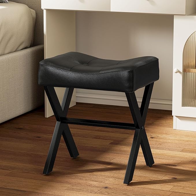 18-Inch Leather Vanity Stool Chair, Vanity Bench with Metal X-Leg, Ottoman Accent Stool with Thick Padded Saddle Seat, Black