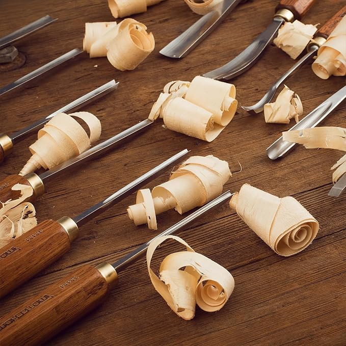 12-Pieces Woodworking Wood Carving Tools Chisel Set with Wooden Box, Razor Sharp CR-V 60 Steel Blades