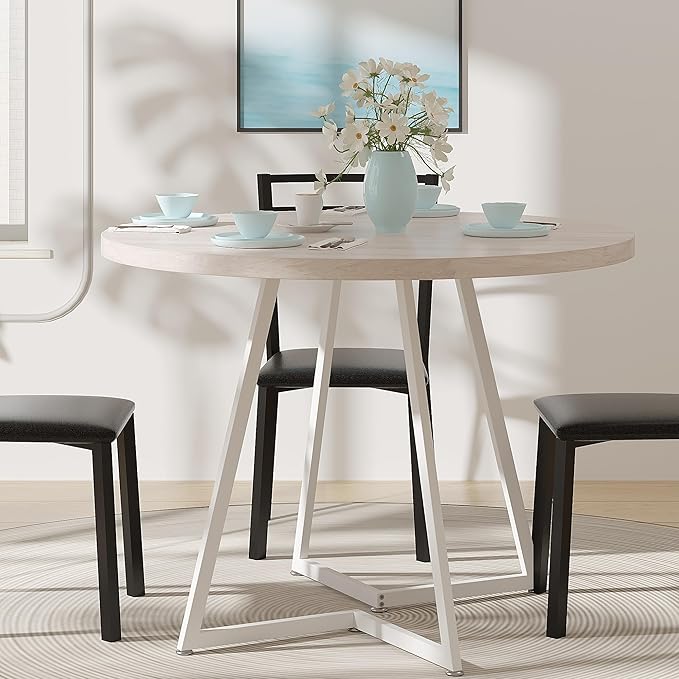 VECELO 35" Round Dining Table for 4, Wood-Grain Tabletop & Heavy-Duty Steel Frame, for Kitchen, Living Room, Easy Assembly, Natural & White