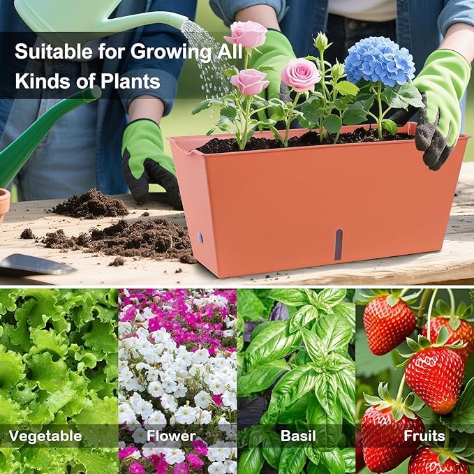 Window Box Planter 6 Pcs, 16.5 Inches Self Watering Rectangle Flower Plant Pots with Drainage Holes Trays, Vegetable Planters for Windowsill Patio Garden Balcony Porch Yard (Orange)