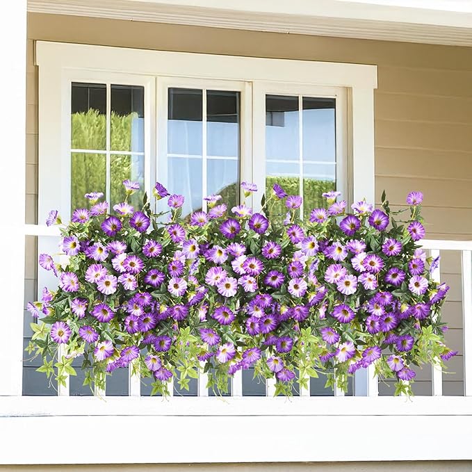 Artificial Flowers for Outdoor Decoration Spring Summer Fake Plants, 2PCS Faux Flower Silk Petunias UV Resistant Realistic for Porch Planter Balcony Home Garden Yard Decor Purple White