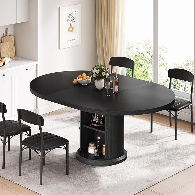 Extendable Round Kitchen Dining Room Table for 4-6 with 2-Tier Storage Shelf, 63'' Space Saving Expandable Wood Oval Circle Dinner Furniture with Pedestal Base(Black)