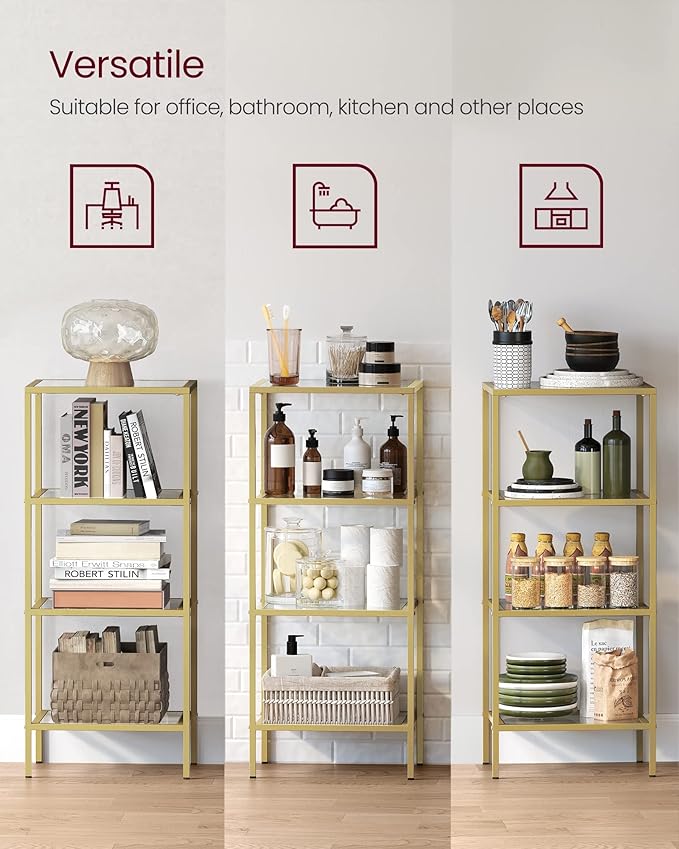 VASAGLE Bookcase, 4-Tier Bookshelf, Slim Shelving Unit for Bedroom, Bathroom, Home Office, Tempered Glass, Steel Frame, Metallic Gold ULGT28G