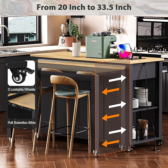Merax Rolling Kitchen Island on Wheels with Extendable Dining Table & Power Outlet, Wood Kitchen Cart on Wheels with Internal Storage Rack,2 Drawers & 2 Cabinets, 47" Wide Black