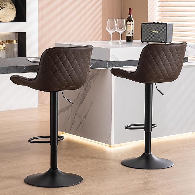 YOUNUOKE Counter Height Bar Stools Set of 2, Adjustable Swivel Stool Chairs with Back, Brown Faux Leather Upholstered, Mid-Century Modern Barstools for Kitchen Island, Dining Room, Home Bar, Bistro