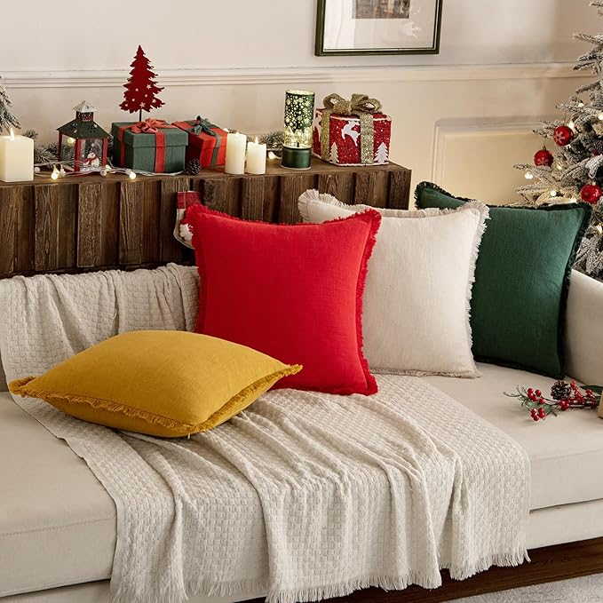 MIULEE Linen Pillow Covers 18x18 Inch Decorative Throw Pillows with Fringe Pack of 4 Soft Farmhouse Boho Couch Pillows Home Decors for Sofa Cushion Living Room Bed Dark Green and Yellow