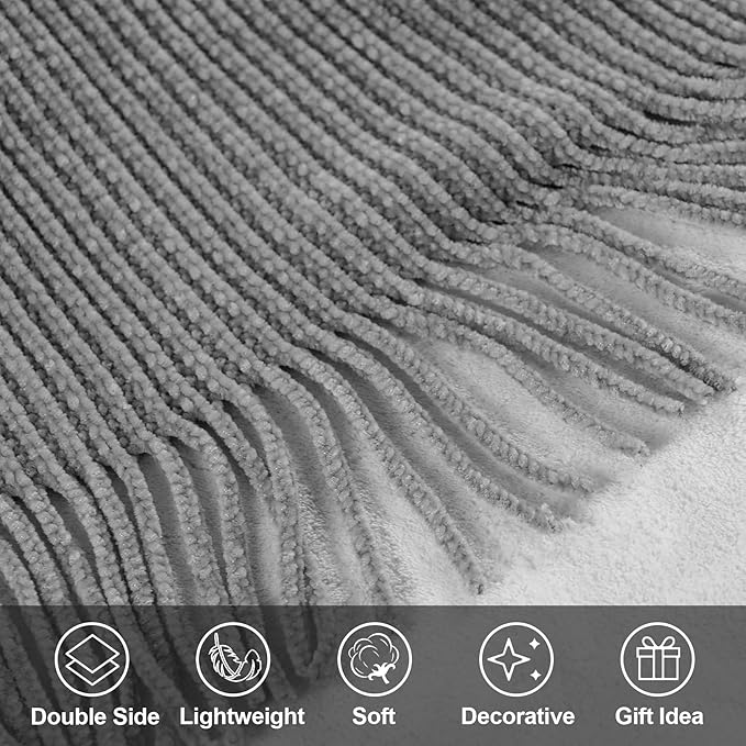 Blagic Grey Throw Blanket for Couch Soft Farmhouse Chenille Boho Throw Blanket with Tassels Home Decorative Lightweight Throw Blankets, Throws for Bed/Chair/Sofa, Stripe Textured (Light Grey,50"x60")