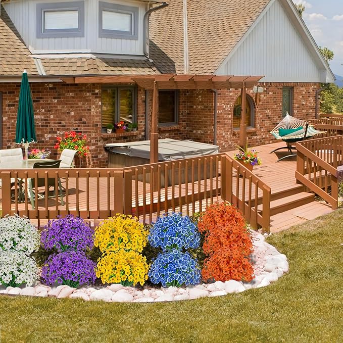 Outdoor Artificial Flowers 21 UV Resistant Bundles Fake Flower Plastic Plants Faux Silk Flowers Porch Hanging Garden Porch Window Box Decorating (Deep Autumn Orange)