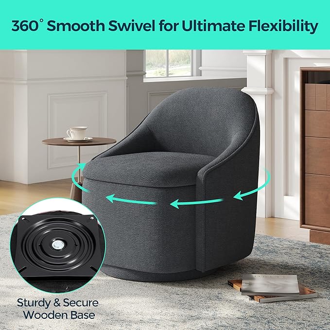 LINSY Swivel Accent Chair with Storage Comfy Chenille Barrel Chairs, Small 360 Swivel Modern Armchair for Living Room Bedroom, Boucle Reading Chair for Study Room (Grey)