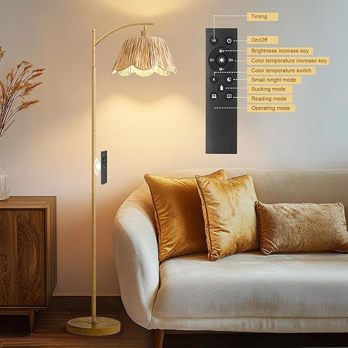 Oneach Arc Floor Lamp for Living Room with 3 Color Temperatures, Rattan Boho Floor Lamp with Remote & Dimmable Bulb, Farmhouse Floor Lamps Suitable for Bedroom, Study(Light Woodgrain)