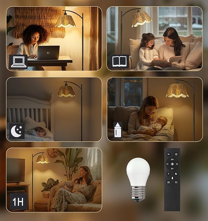 Oneach Arc Floor Lamp for Living Room with 3 Color Temperatures, Rattan Boho Floor Lamp with Hand-Woven Wicker Shade,Farmhouse Floor Lamps with Remote & Dimmable Bulb, Suitable for Bedroom（Black）