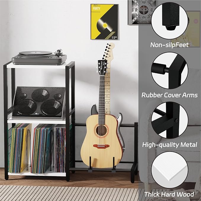 End Table with Guitar Stand,Record Player Stand,Vinyl Records Storage,2-Tier Guitar Stand for Acoustic, Electric Guitar,Bass,Turntable Stand Side Table for Music Room Studio Living Room-Modern White