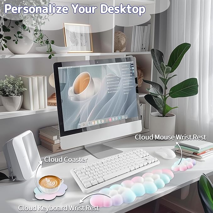 Cloud Wrist Rest Keyboard, Cloud Keyboard Wrist Pad Set with PU Leather Memory Foam, Cute Arm Rest for Palm Support, PC/Gaming Desk Accessories/Office Setup/Computer Hand Cushion - Rainbow