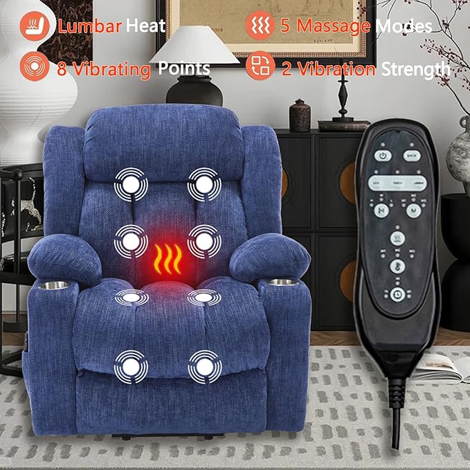 Power Lift Recliner Chair, 350lb Capacity with 8-Point Massage & Heating, USB/Type-C Ports & Cup Holders, Heavy Duty Chenille Recliner for Elderly, Blue