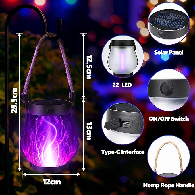 Christmas Solar Flame Lantern Hanging Outdoor Waterproof Purple - 2 Pack Flame Lanterns with Dual Charging Modes of Solar & USB for Garden or Yard Decorations (Purple - 2 Pack)