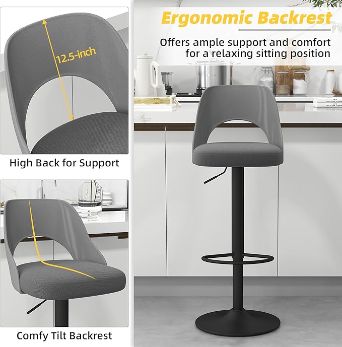 civama Bar Stools Set of 2 for Kitchen Counter, Seat Height Adjustable 25''-33'', Modern Upholstered Swivel Island Chairs with Hollow Backrest Metal Base, Grey