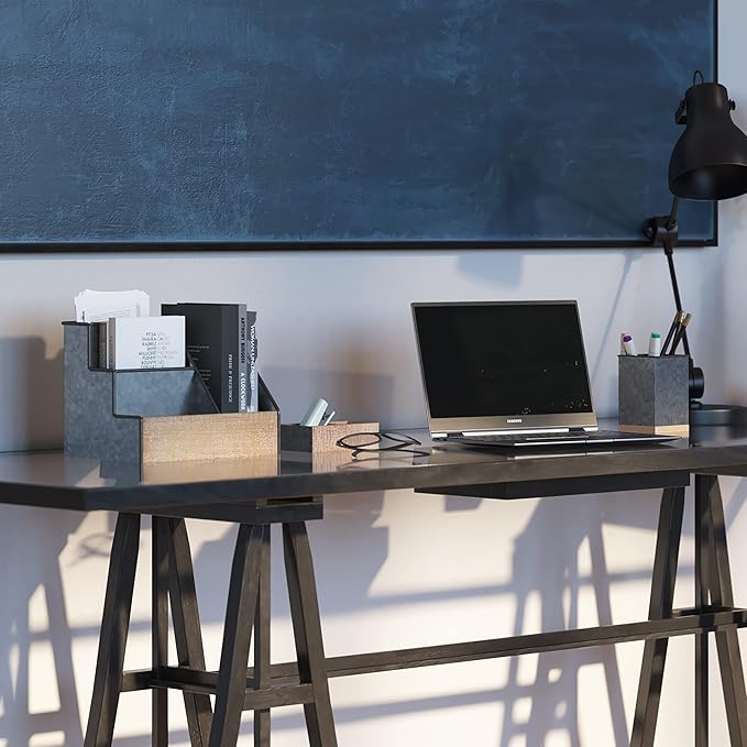 HBCY Creations 3 Piece Galvanized Metal Desk Organizer Set - Rustic Mail Organizer For Desktop - Great For Industrial Home Decor! Makeup Organizer For Vanity