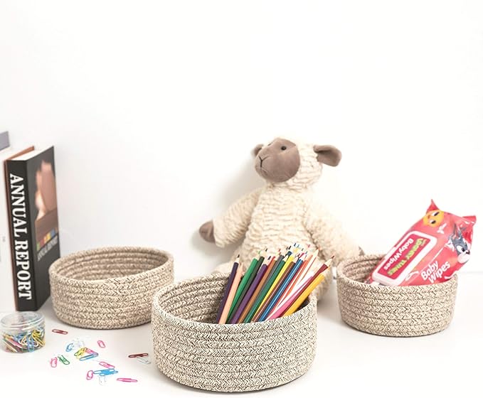 MINTWOOD Design Set of 3 Cotton Rope Nesting Bowls, Small Catch All Basket, Cute Closet Baskets and Bins for Shelves, Mini Table Basket Organizer for Small Accessories, Light Brown