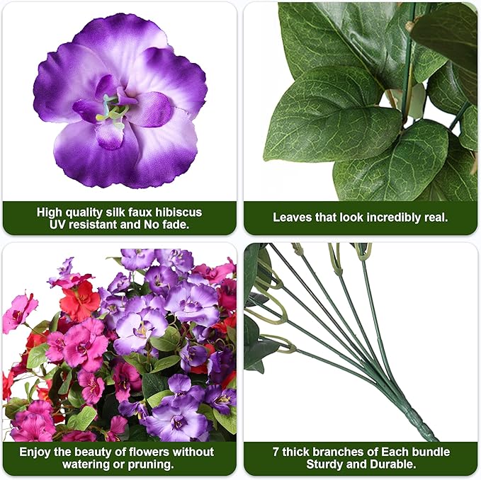 Hibiscus Artificial Flowers Plants for Outdoors Summer Decoration, 6 Bundles Fake Silk Hibiscus Bouquet Realistic UV Resistant Tropical Flowers Artificial for Outside Planter Front Door Porch Patio