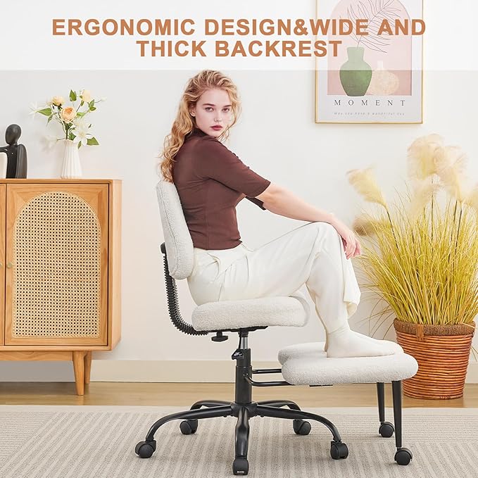 Criss Cross Legged Meditaion Chair,Exquisite Home Office Furniture,Ergonomic Kneeling with Lumbar Support and Adjustable Height Stool,for ADHD Adults,Teddy Fabric,White