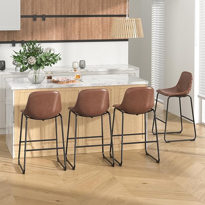 Rfiver Pu Faux Leather Bar Stools Set of 4, Industrial Pub Barstools with Back and Footrest, Modern Armless Bar Height Stool Chairs (Brown, 30" Barstool x4)