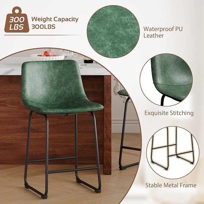 Bar Stools Set of 4, 26 Inch Counter Height Barstools with Back, Modern Faux Leather Bar Stool with Metal Legs and Footrest, Urban Armless Bar Chairs for Kitchens Island (Green)