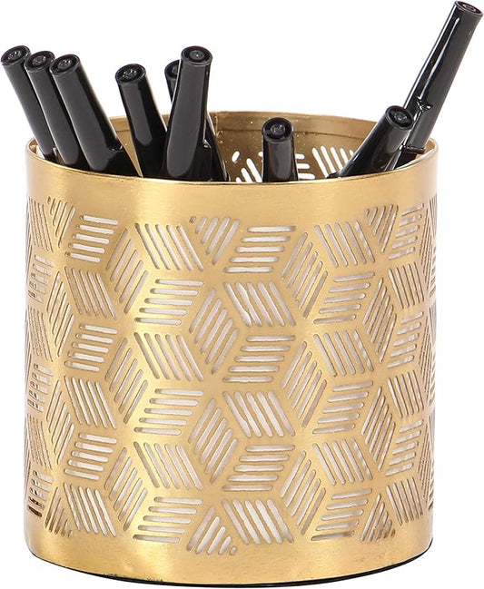 Deco 79 Metal Geometric Pencil Cup with Laser Carved Design, 4" x 4" x 4", Gold