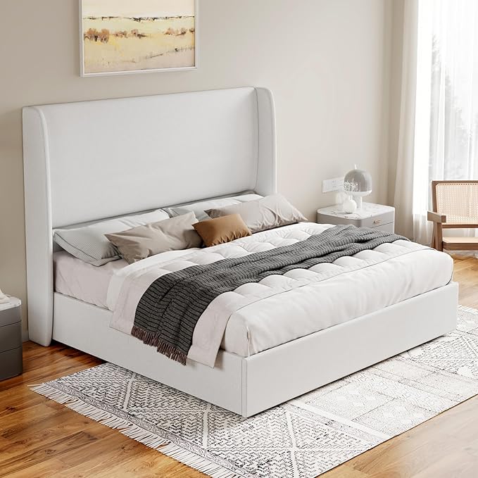 Jocisland King Size Bed Frame with Storage - Upholstered Lift Platform Bed, Wingback Headboard, Hydraulic System, No Box Spring Needed, Wood Slats Support, White