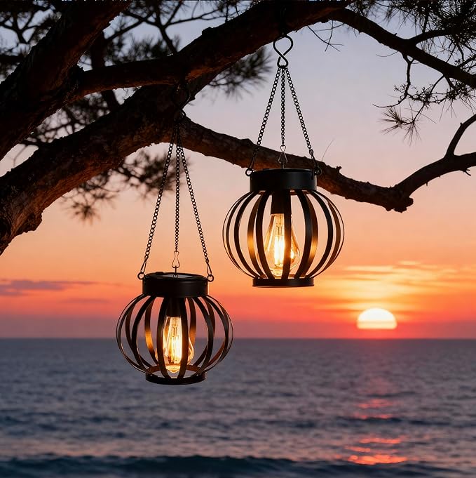 YAKii 2 Pack Solar Lanterns Outdoor Waterproof,Metal Hanging Solar-Powered Lights Outside Lanterns, Warm White LED Lights Decor for Yard Garden Pathway Patio Porch Balcony Decoration