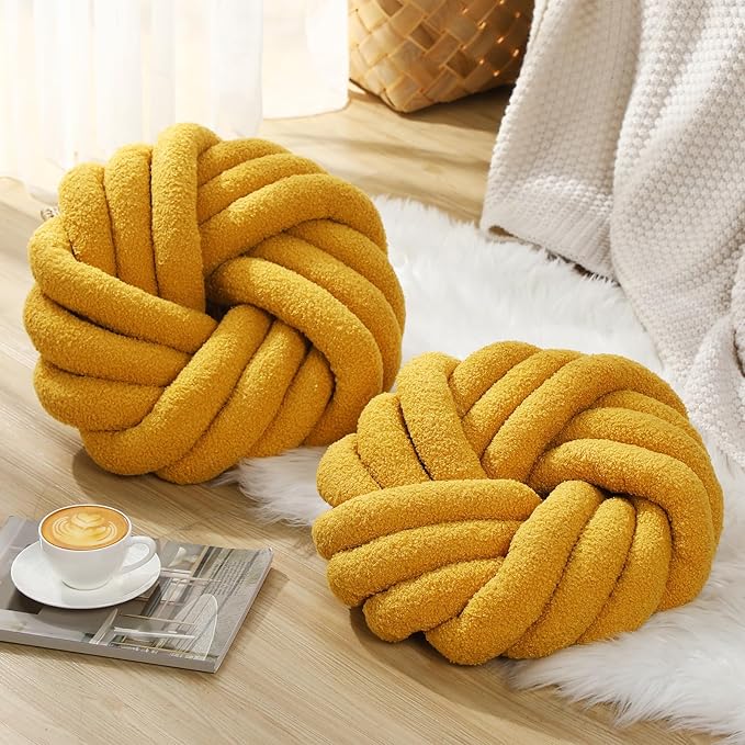 Marsui 2 Pieces Knot Ball Pillows 14 x 14 Inch Decorative Pillow for Couch Bedroom Plush Throw Knot Pillow Soft Handmade Chair Cushion for Living Room Car Decorations (Ginger)