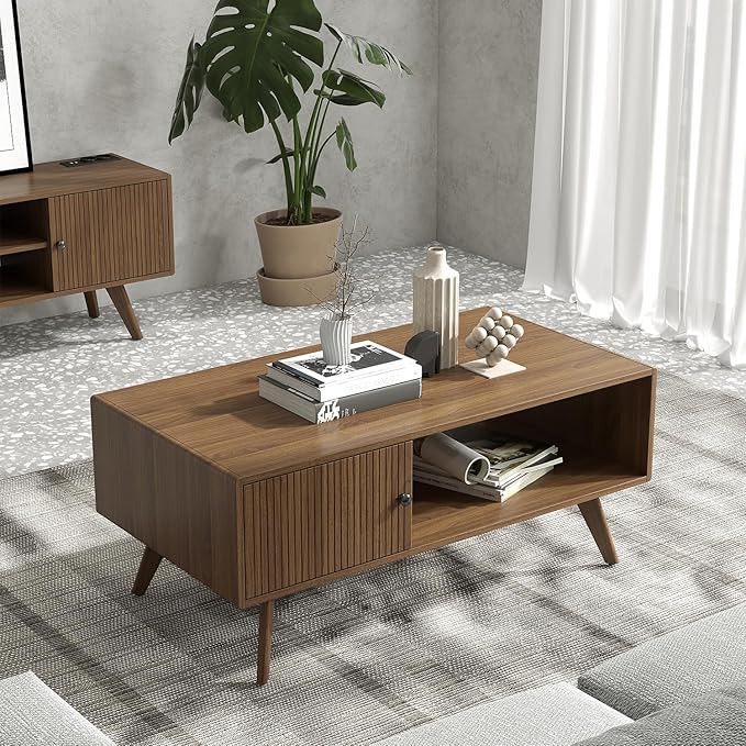 Mid Century Modern Coffee Table with Storage, Walnut Wood Center Table with Cabinet & Open Shelf, Retro Accent Furniture for Living Room & Small Spaces