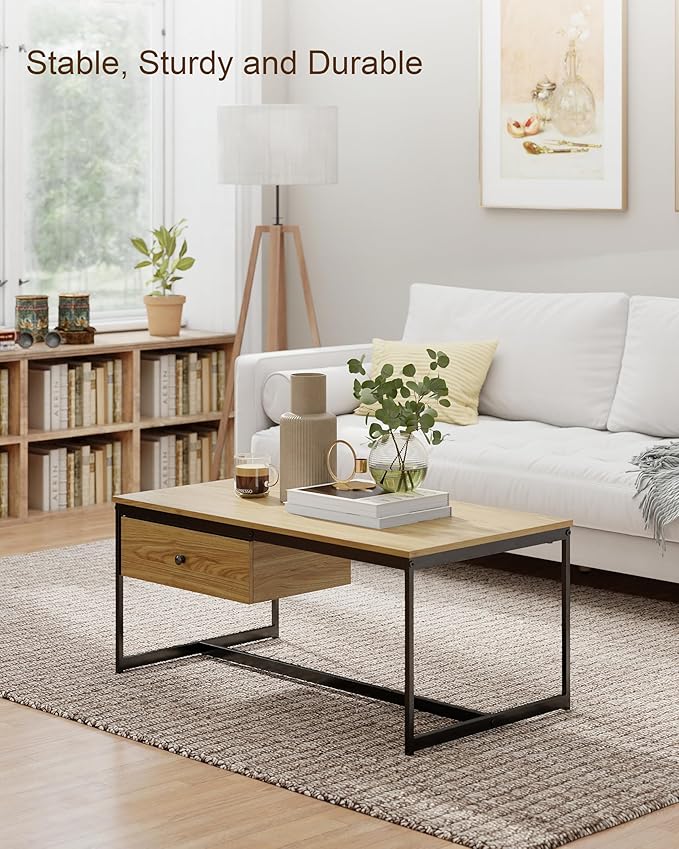 Manora Minimalist Coffee Table with Drawer, Modern Industrial Aesthetic Center Table for Living Room, Stylish Wood Modern Coffee Table with Storage, Light Brown