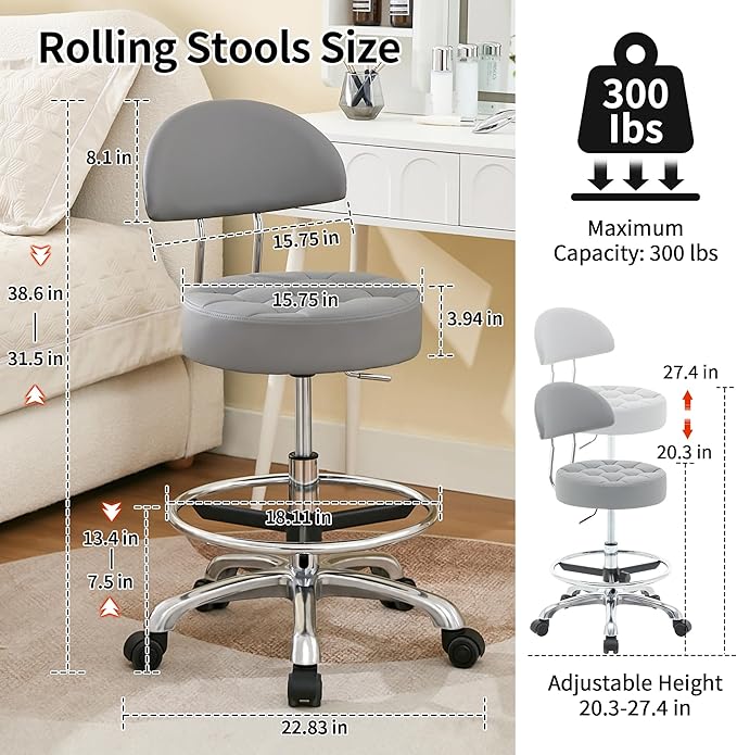 Tattoo Chair for Artist (Ergonomic Backrest and Footrest) (Quiet Wheels and Aluminum Base) Swivel Shop Stool (Gray)