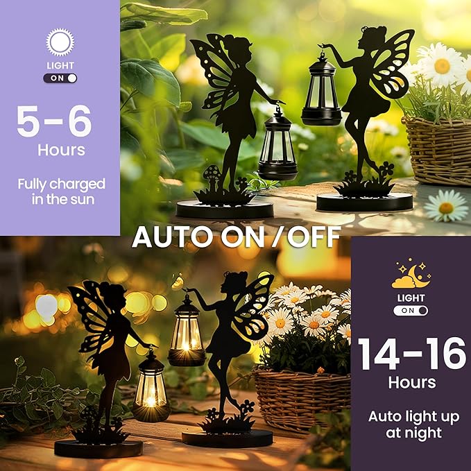 Solar Garden Statues Outdoor Decor, 2 Pack Fairy Garden Accessories, Housewarming Ornament Gift for Women Mom Grandma, Metal Decorative Figurine Light for Patio, Lawn, Yard, Pathway