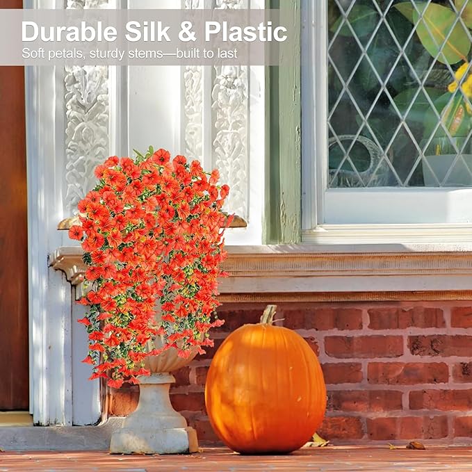 Artificial Flowers for Outdoors Decoration, 4Pcs Fake Hanging Flowers Morning Glory UV & Fading Resistant, Artificial Faux Plants Deocr for Home Porch Patio Balcony Planter Yard Garden Farmhouse