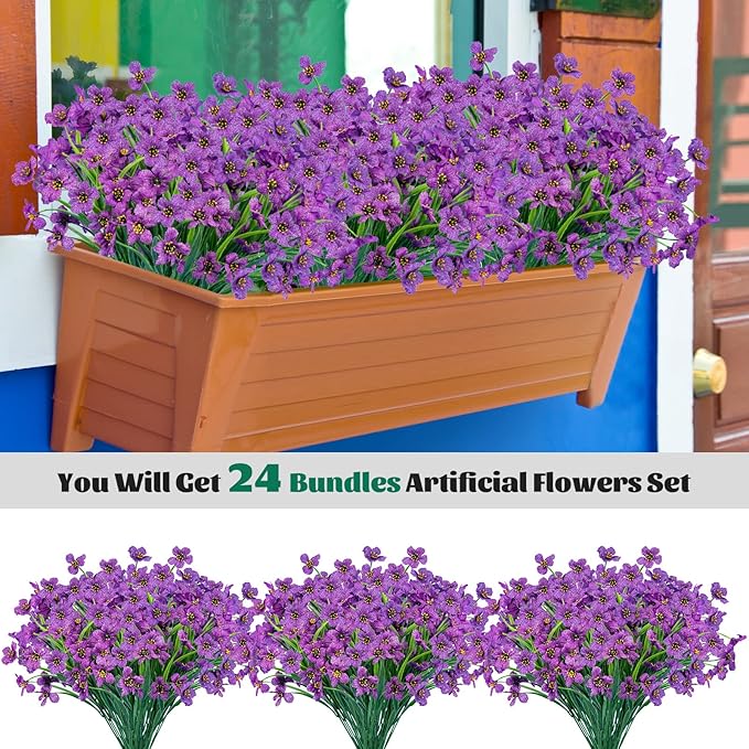 Lnoicy 24 Pcs Artificial Flowers for Outdoor,Plastic Flowers Decoration, UV Resistant Faux Flowers Shrubs, Artificial Plants for Indoor Outside Garden Home Wedding Farmhouse（Purple