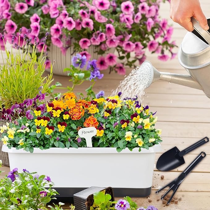 Window Box Planter 6 Pcs, 18 Inches Rectangle Flower Pots with Drainage Holes and Trays, Vegetable Planters for Windowsill Patio Garden Balcony Home Porch Yard Indoor Outdoor (White, 18*10*6 inch)