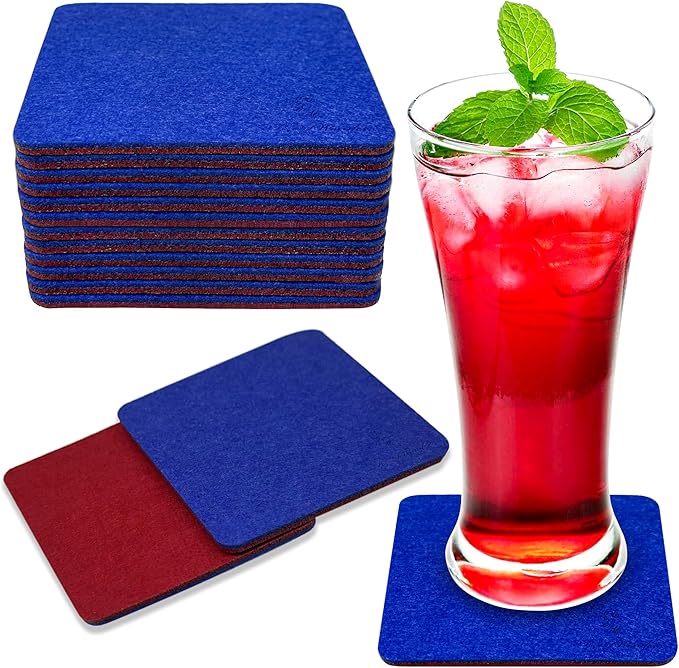 A&A Wonders Premium Felt Coasters for Drink, Two-Tone Reversible, Absorbent Felt Protects Furniture, Table, Anti Slip, Suitable for Drinks & All Table Types (Wine Red/Royal Blue, Square 12 Pack)