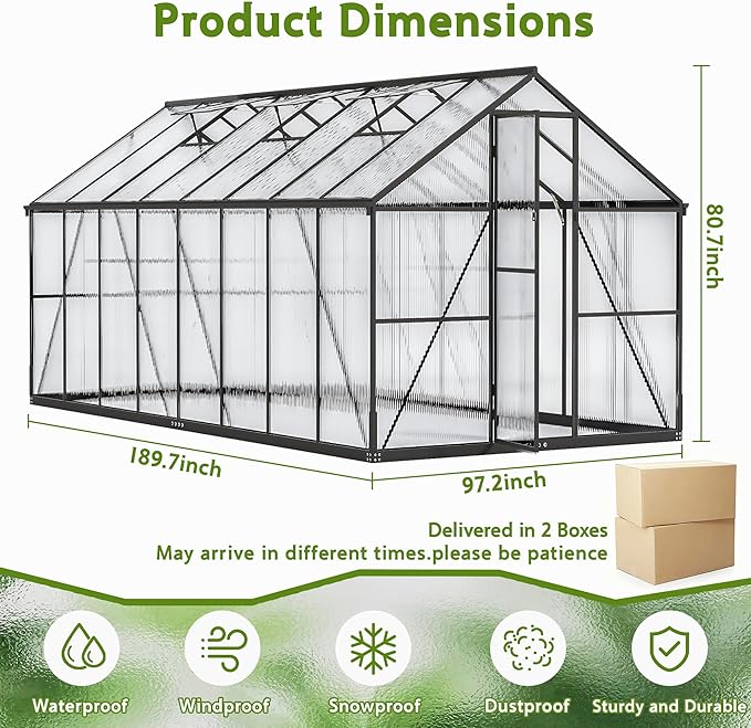 Wanan 8x16FT Greenhouses for Outdoors, Quick Assembly Polycarbonate Green House with UV Protection, Heavy Duty Windproof Aluminum Frame, Adjustable Roof Vent for Backyard or Outdoor Garden Use