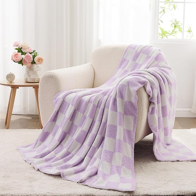 JOOJA Soft Cozy Checkerboard Lilac Fluffy Knit Throw Blanket for Couch Plaid Checkered Blanket Lilac 60x80 in