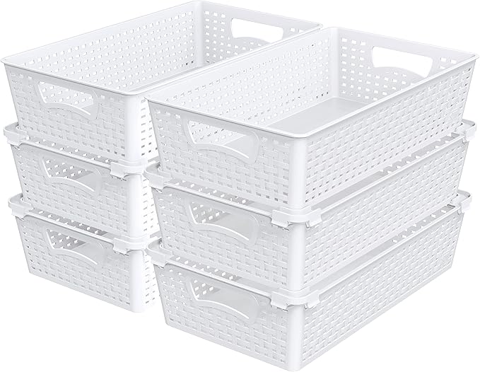 Simple Houseware Plastic Stackable Storage Basket Pantry Organizer, 6 Pack, 14.5" x 8.5" x 3.5", White
