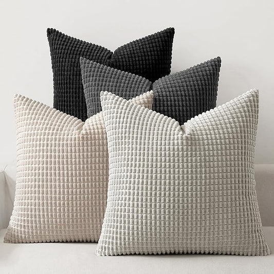 MIULEE Neutral Cream/Grey Decorative Pillow Covers 18x18 Inch Set of 4 Boho Western Farmhouse Throw Pillows Corduroy Couch Pillowcases Industrial Home Decor for Sofa Living Room Bed