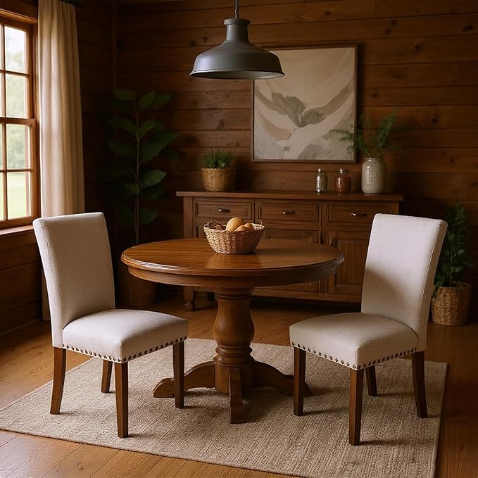 Set of 6 Beige Upholstered Dining Chairs – Farmhouse Kitchen Chairs with High Back, Solid Rubberwood Legs, Padded Foam Seat & Bronze Nailhead Trim, Comfortable Dining Room Chairs for Home