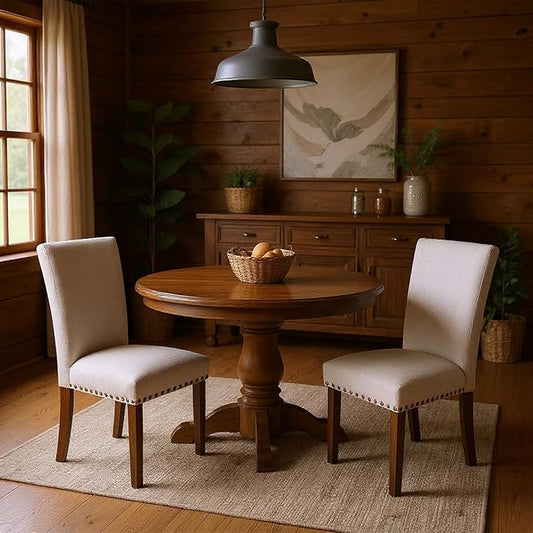 Set of 2 Beige Upholstered Dining Chairs – Farmhouse Kitchen Chairs with High Back, Solid Rubberwood Legs, Padded Foam Seat & Bronze Nailhead Trim, Comfortable Dining Room Chairs for Home, Living Room