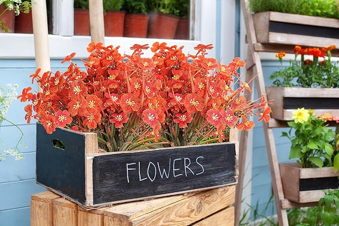 RECUTMS 8 Bundles Artificial Flowers Outdoor Faux Grasses for Outdoor Planter UV Resistant Fall Fake Plants Greenery Stems Faux Flowers Shrubs for Home Weddings Garden Office Indoor Decor(Orange)