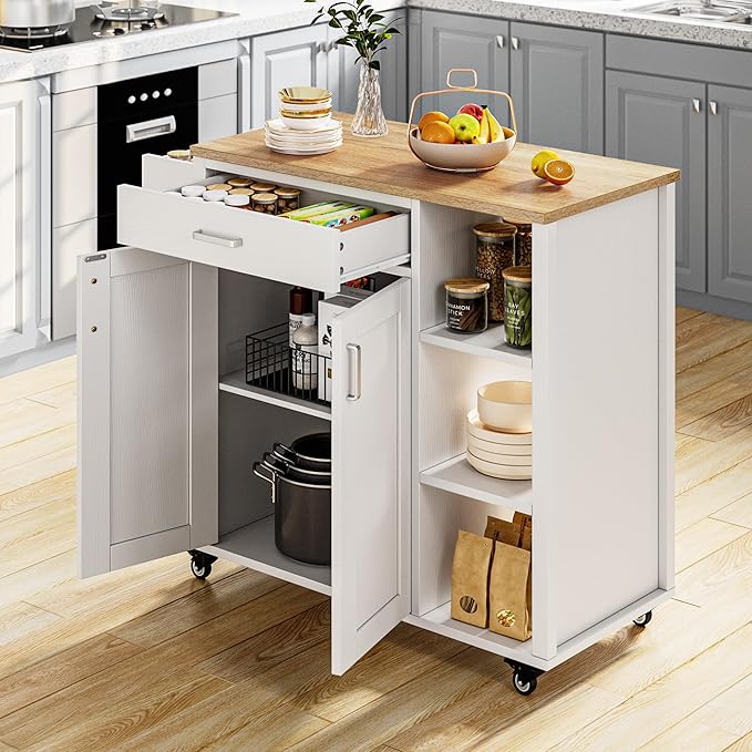 YITAHOME 37" Rolling Kitchen Island Cart with Storage, Butcher Block Island on Wheels, Mobile Kitchen Storage Carts with Shelves & Spice Rack, White
