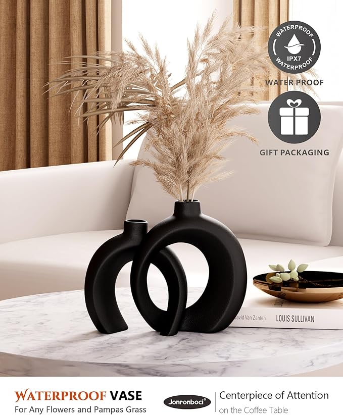 Round Donut Vase Set of 2 - Minimalist Nordic Modern Ceramic Decorative Black Vases For Home Office Book Shelf,Table Decor for Living Room,Coffee,Tv Stand Entry Console Mantle Decoration (Matte Black)