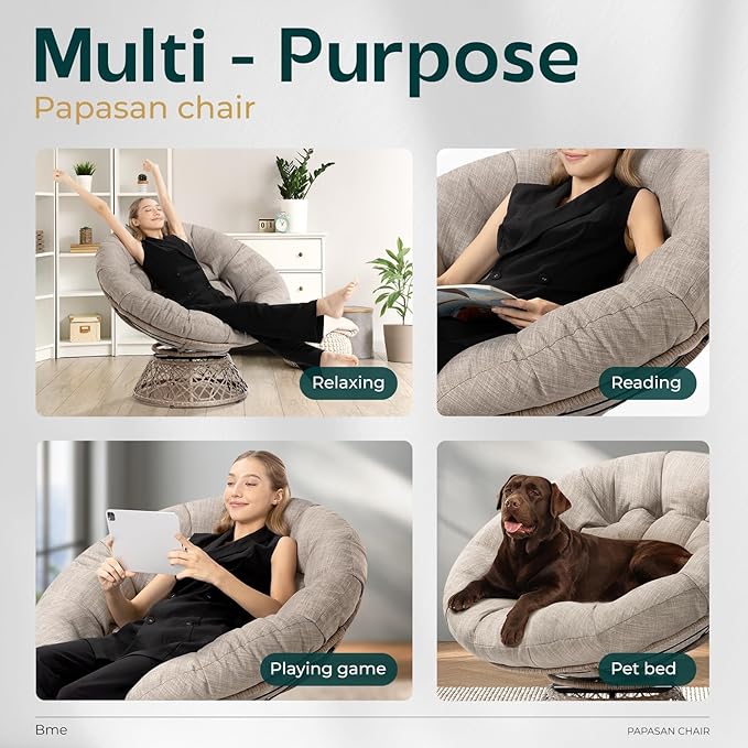 Bme 40" Ergonomic Wicker Papasan Chair with Soft Thick Cushion & Frame, 360° Swivel, Circle, Reading, Comfy Chair for Living Room, Bedroom